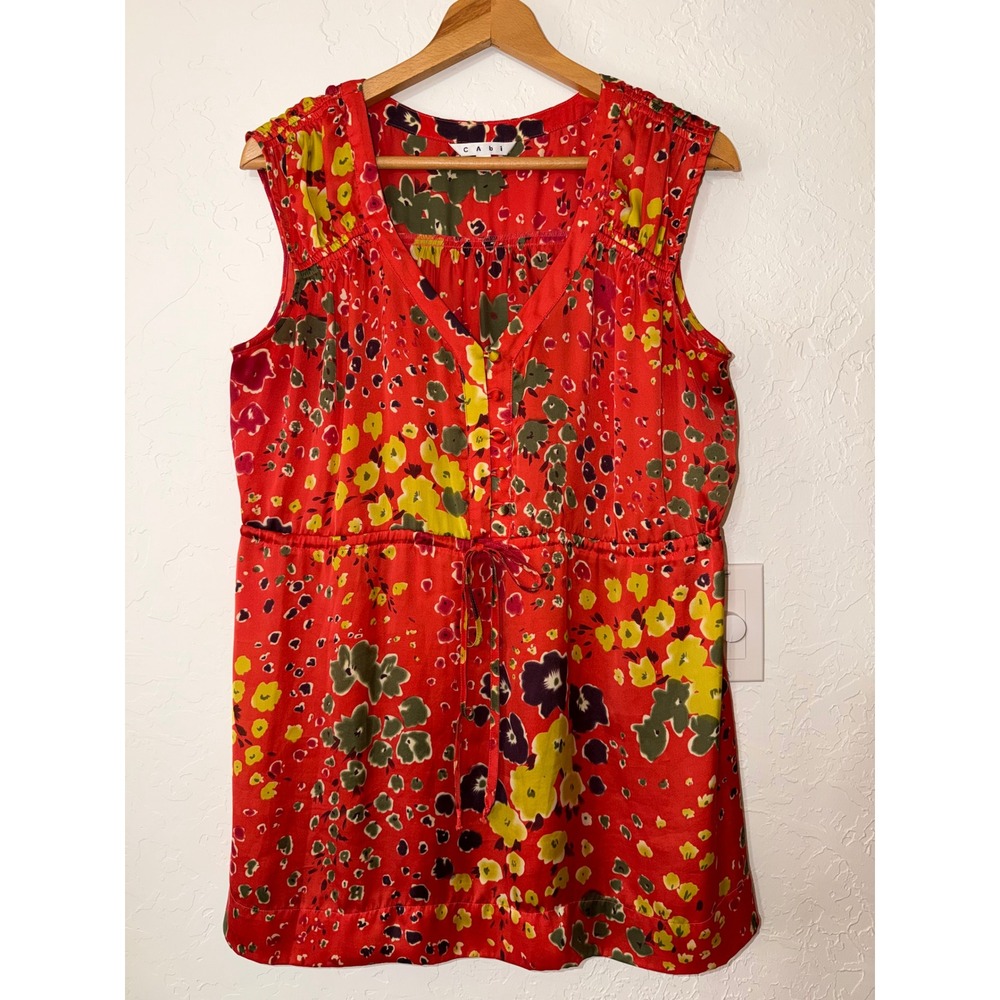 cabi Art Teacher Tunic Blouse L Red Yellow Wildflower Satin Sleeveless Top 363
